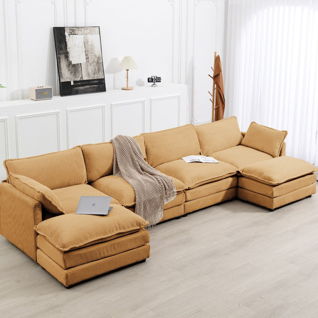 Ecksofa aus Cord mit abnehmbaren Hockern und ultraweichen Kissen für Wohn- und Schlafzimmer