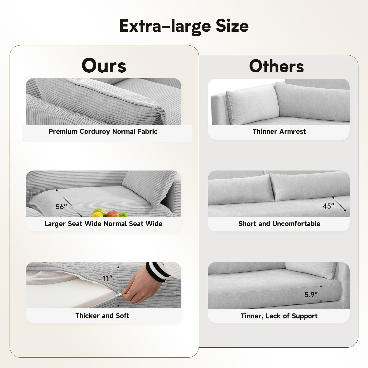 Ecksofa aus Cord mit abnehmbaren Hockern und ultraweichen Kissen für Wohn- und Schlafzimmer