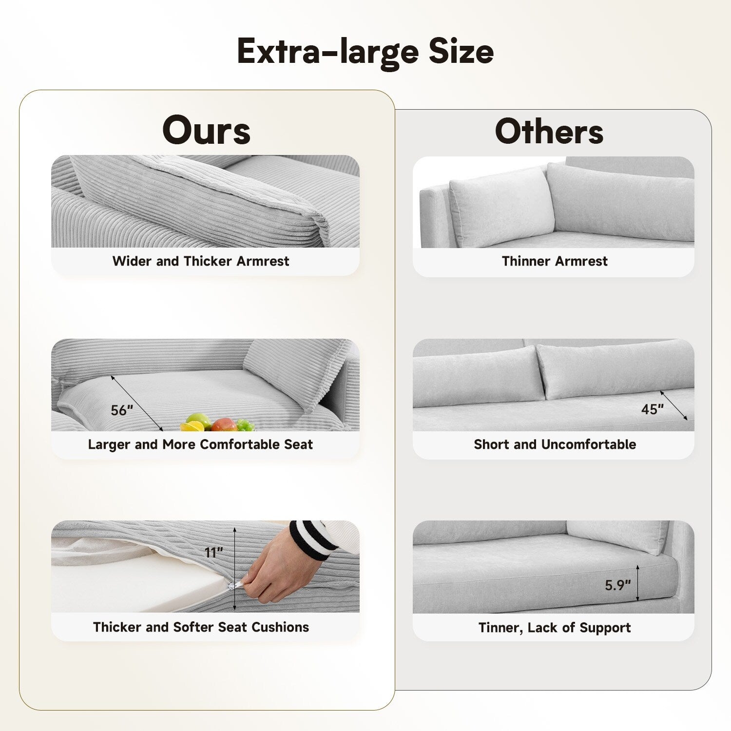 Ecksofa aus Cord mit abnehmbaren Hockern und ultraweichen Kissen für Wohn- und Schlafzimmer