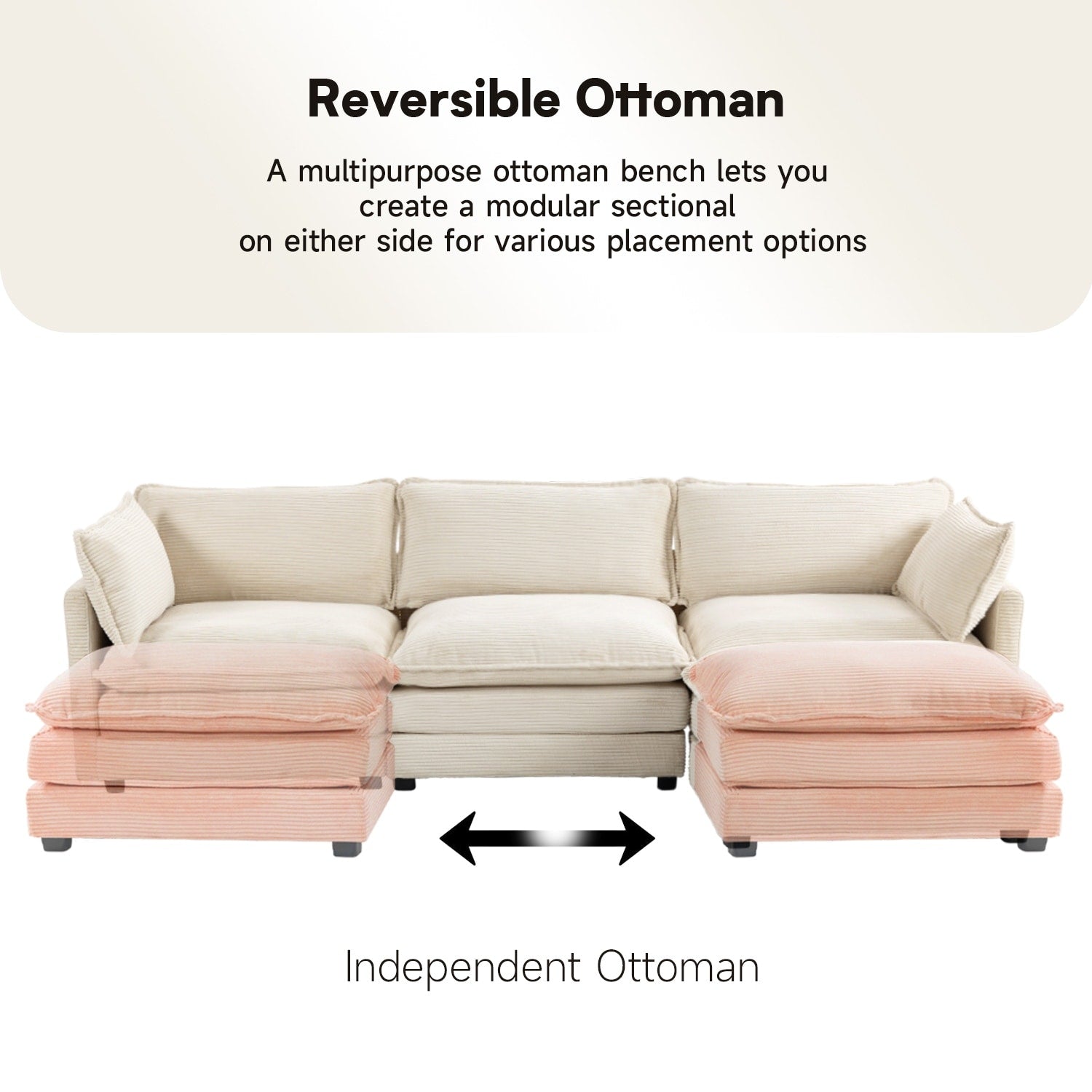 Ecksofa aus Cord mit abnehmbaren Hockern und ultraweichen Kissen für Wohn- und Schlafzimmer