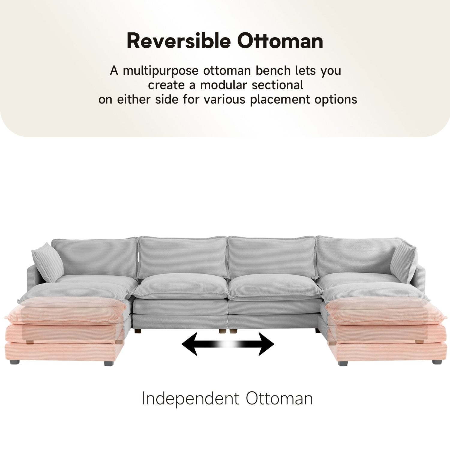 Ecksofa aus Cord mit abnehmbaren Hockern und ultraweichen Kissen für Wohn- und Schlafzimmer