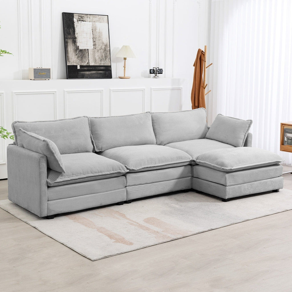 Ecksofa aus Cord mit abnehmbaren Hockern und ultraweichen Kissen für Wohn- und Schlafzimmer