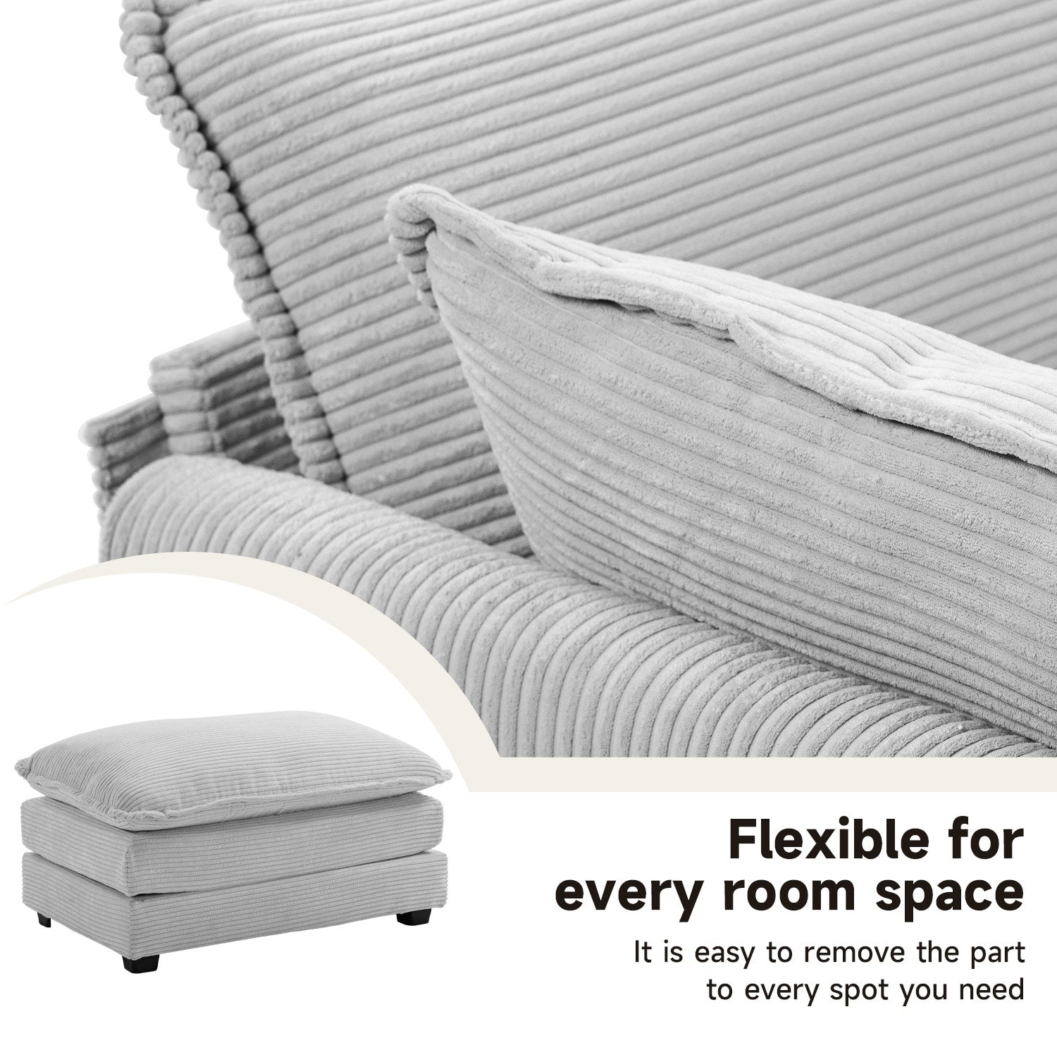 Ecksofa aus Cord mit abnehmbaren Hockern und ultraweichen Kissen für Wohn- und Schlafzimmer