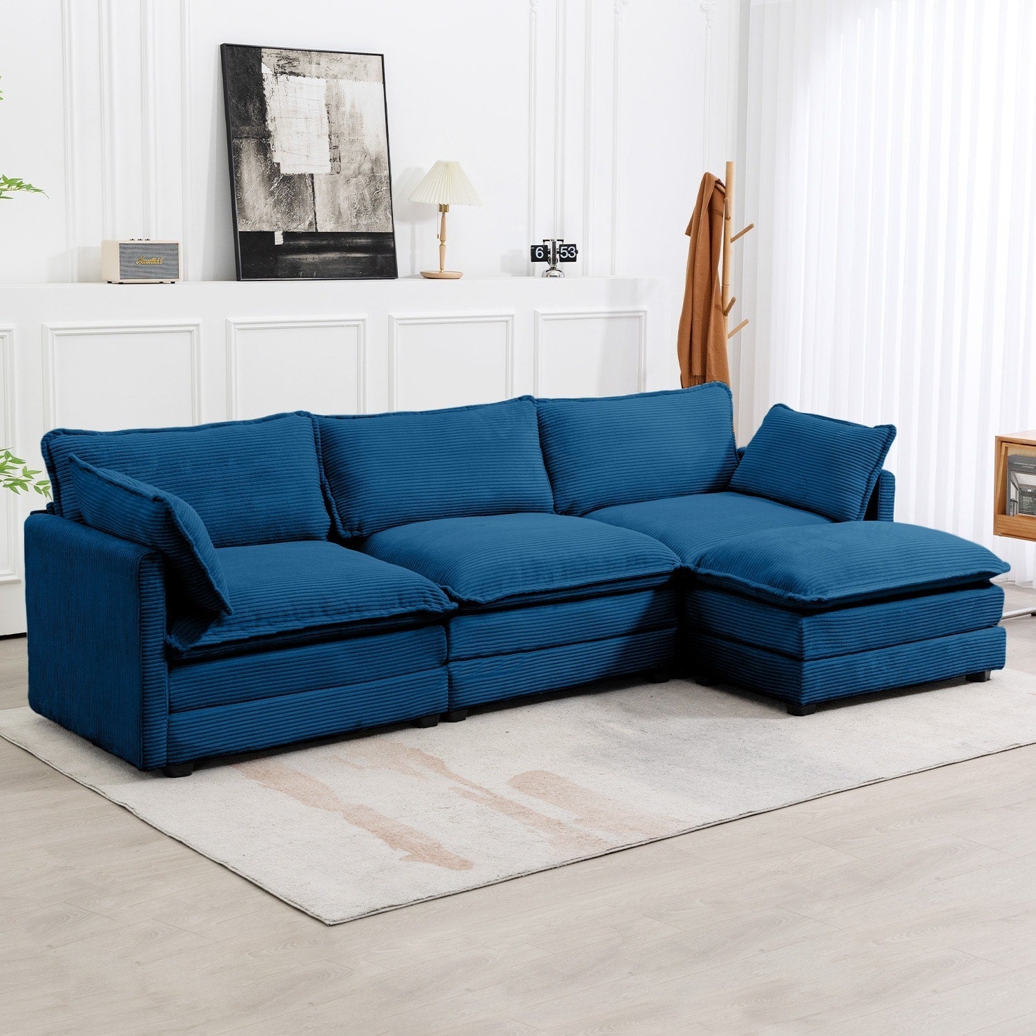 Ecksofa aus Cord mit abnehmbaren Hockern und ultraweichen Kissen für Wohn- und Schlafzimmer
