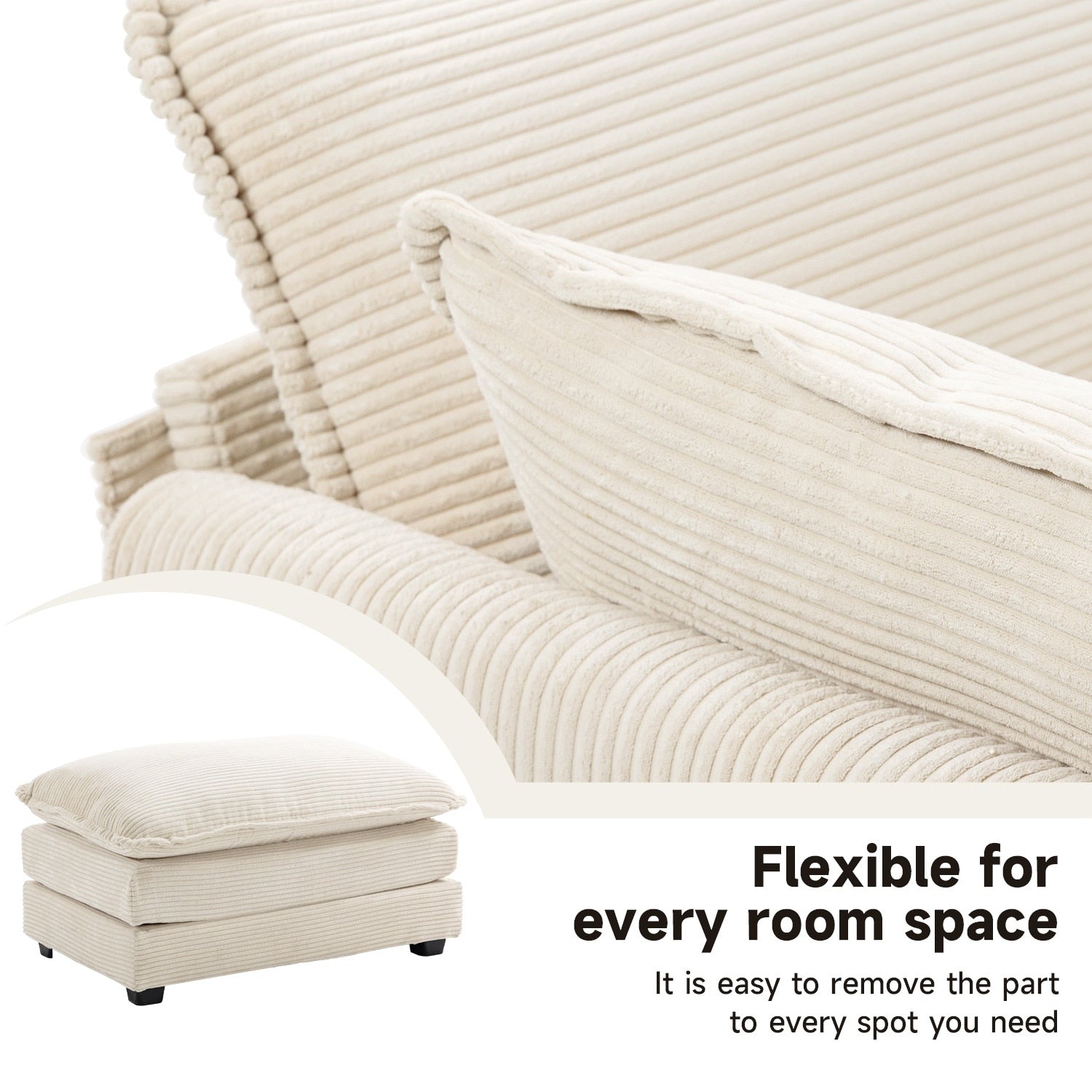 Ecksofa aus Cord mit abnehmbaren Hockern und ultraweichen Kissen für Wohn- und Schlafzimmer