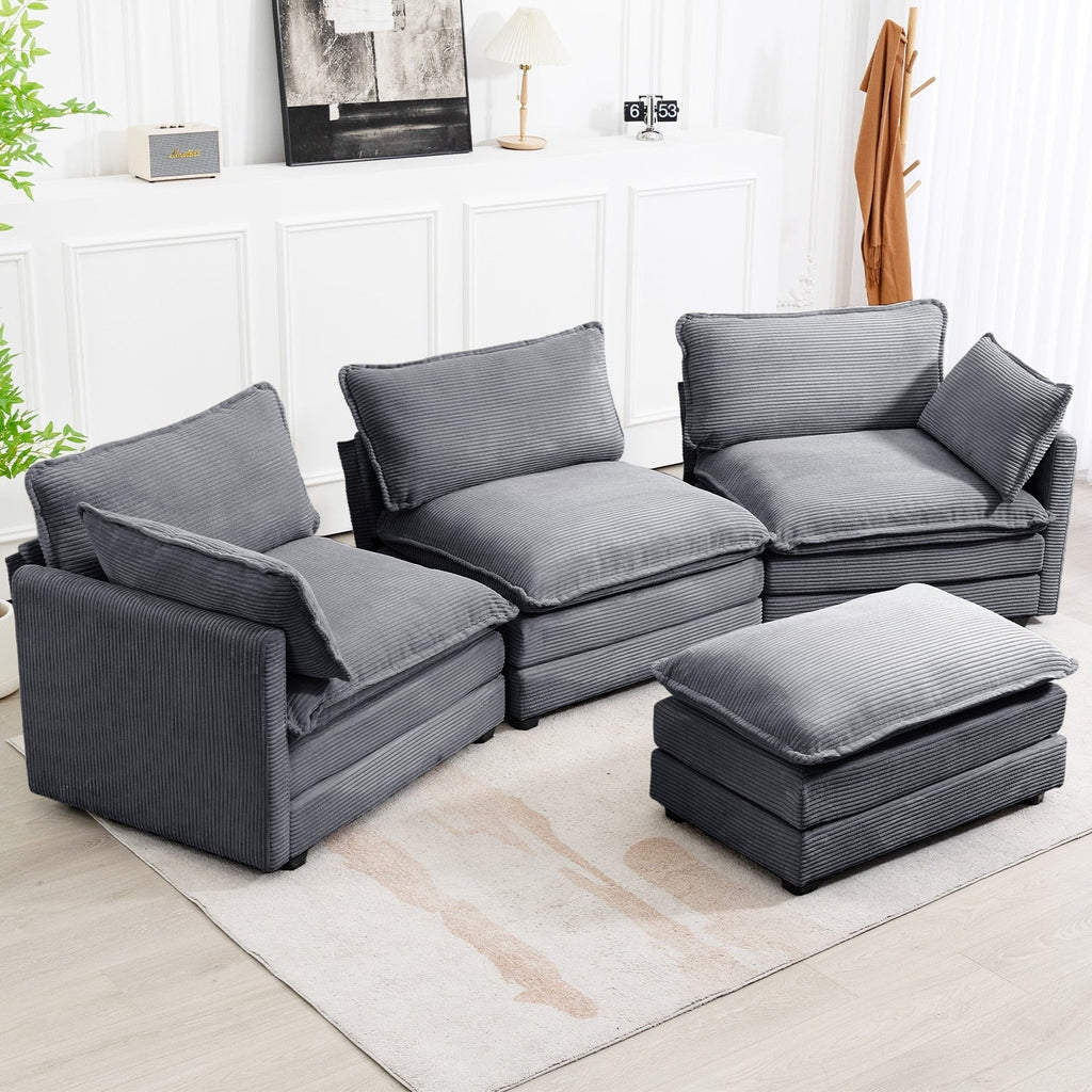 Ecksofa aus Cord mit abnehmbaren Hockern und ultraweichen Kissen für Wohn- und Schlafzimmer