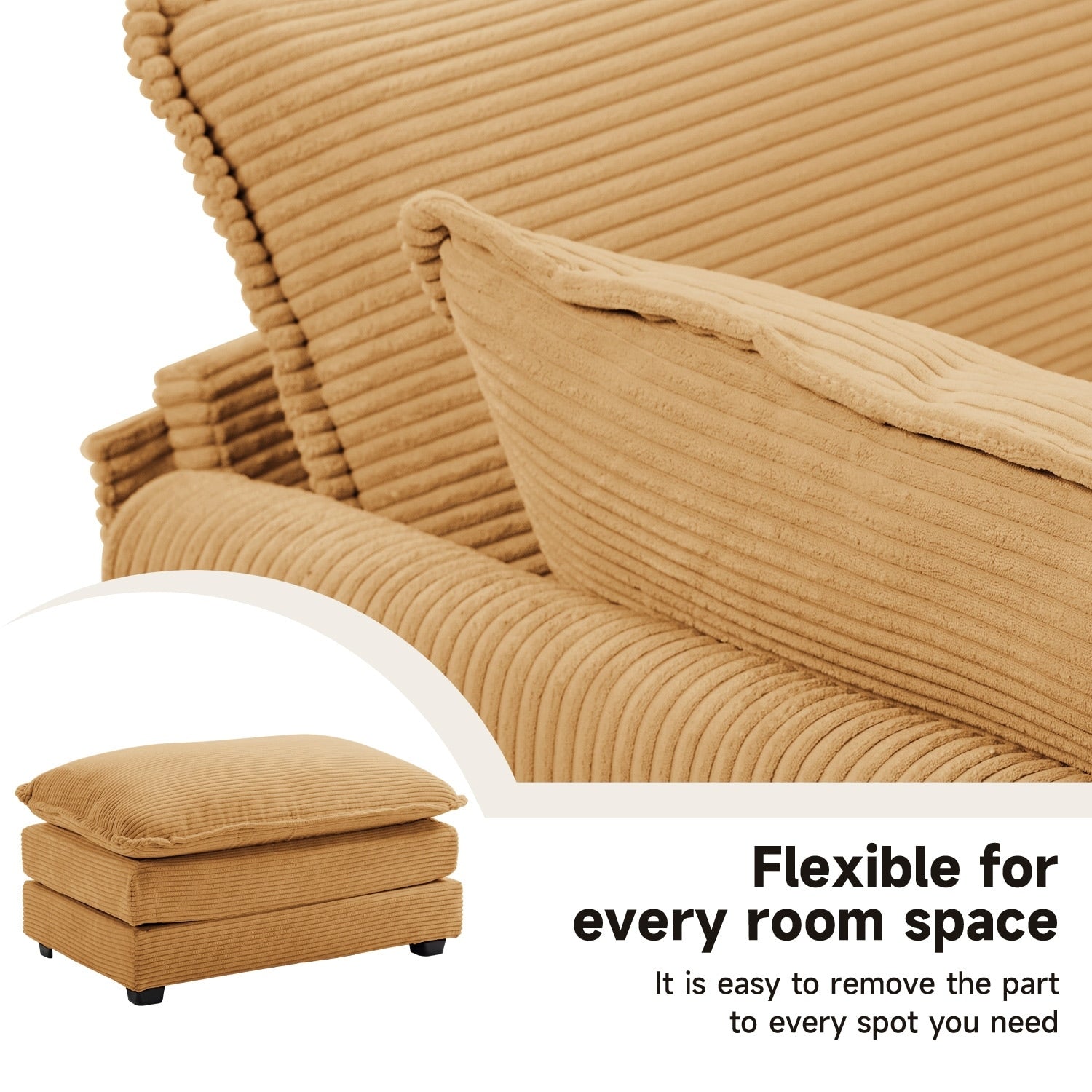 Ecksofa aus Cord mit abnehmbaren Hockern und ultraweichen Kissen für Wohn- und Schlafzimmer