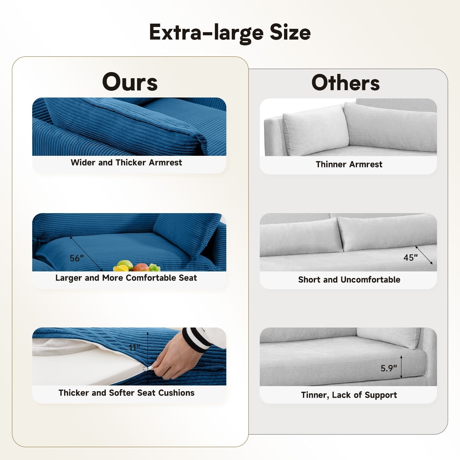 Ecksofa aus Cord mit abnehmbaren Hockern und ultraweichen Kissen für Wohn- und Schlafzimmer