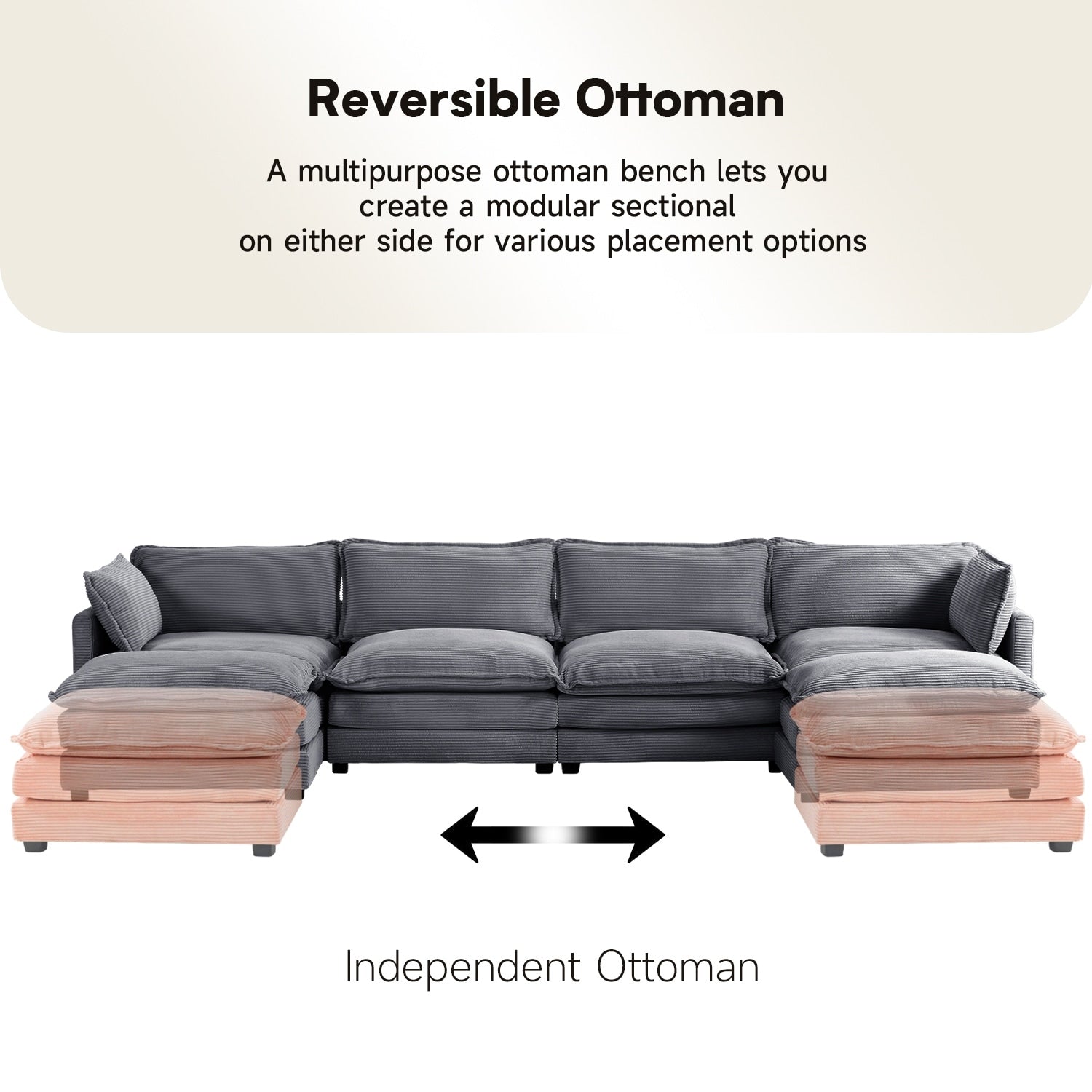 Ecksofa aus Cord mit abnehmbaren Hockern und ultraweichen Kissen für Wohn- und Schlafzimmer