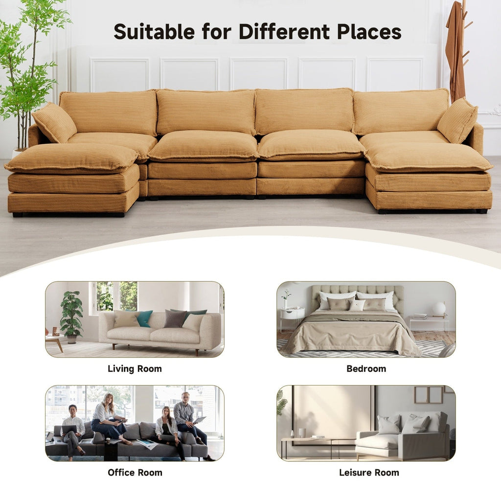 Ecksofa aus Cord mit abnehmbaren Hockern und ultraweichen Kissen für Wohn- und Schlafzimmer