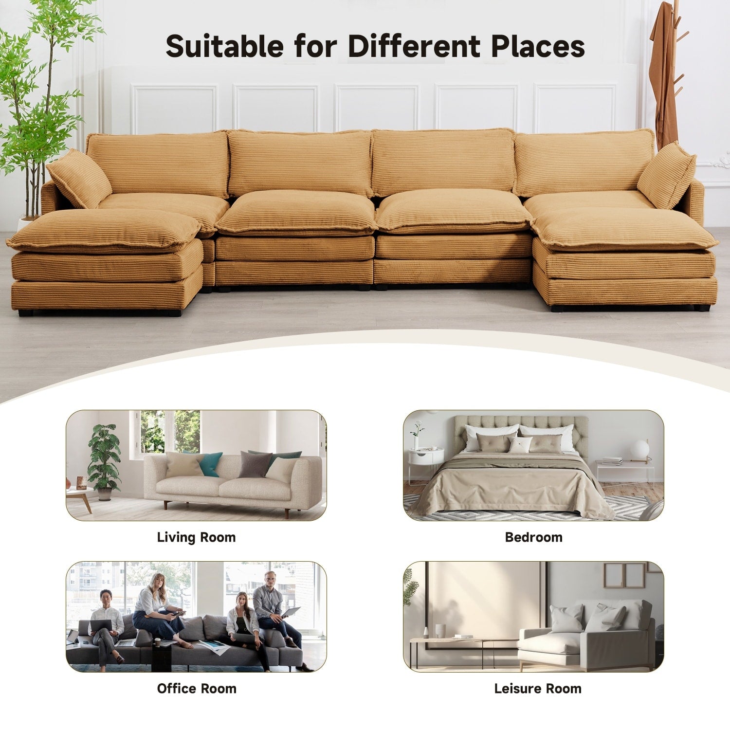 Ecksofa aus Cord mit abnehmbaren Hockern und ultraweichen Kissen für Wohn- und Schlafzimmer