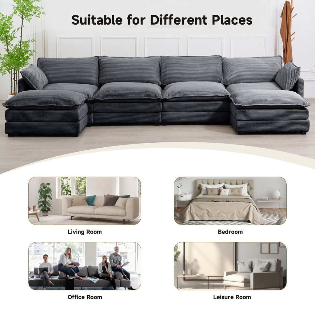 Ecksofa aus Cord mit abnehmbaren Hockern und ultraweichen Kissen für Wohn- und Schlafzimmer