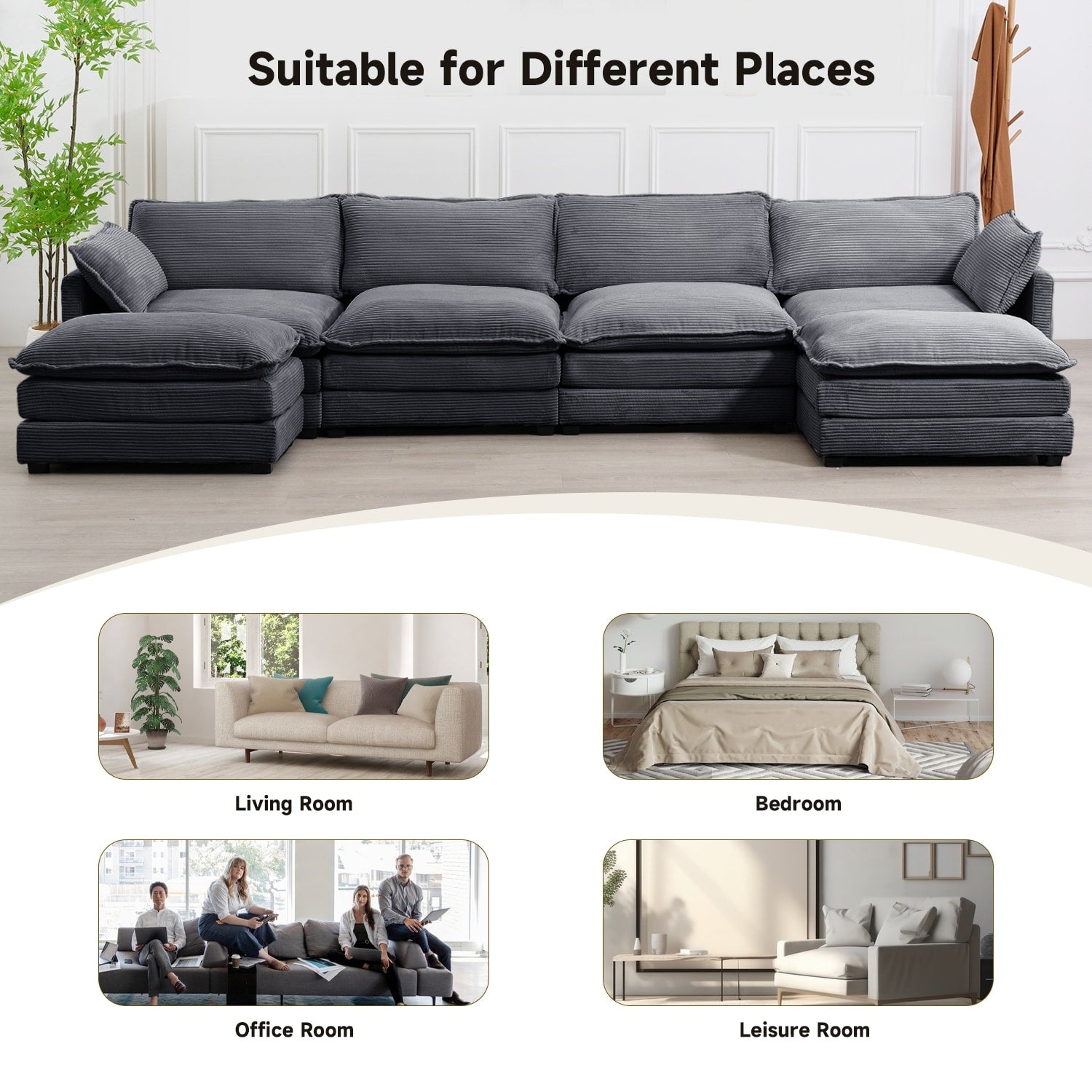 Ecksofa aus Cord mit abnehmbaren Hockern und ultraweichen Kissen für Wohn- und Schlafzimmer