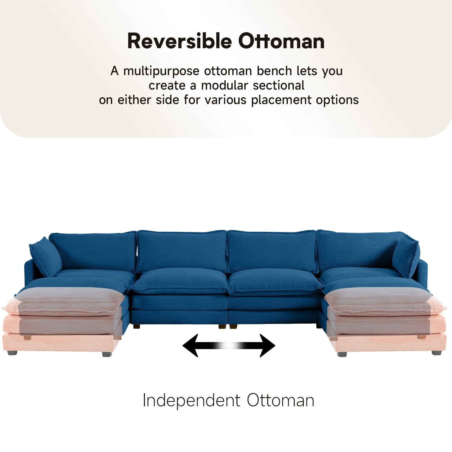 Ecksofa aus Cord mit abnehmbaren Hockern und ultraweichen Kissen für Wohn- und Schlafzimmer