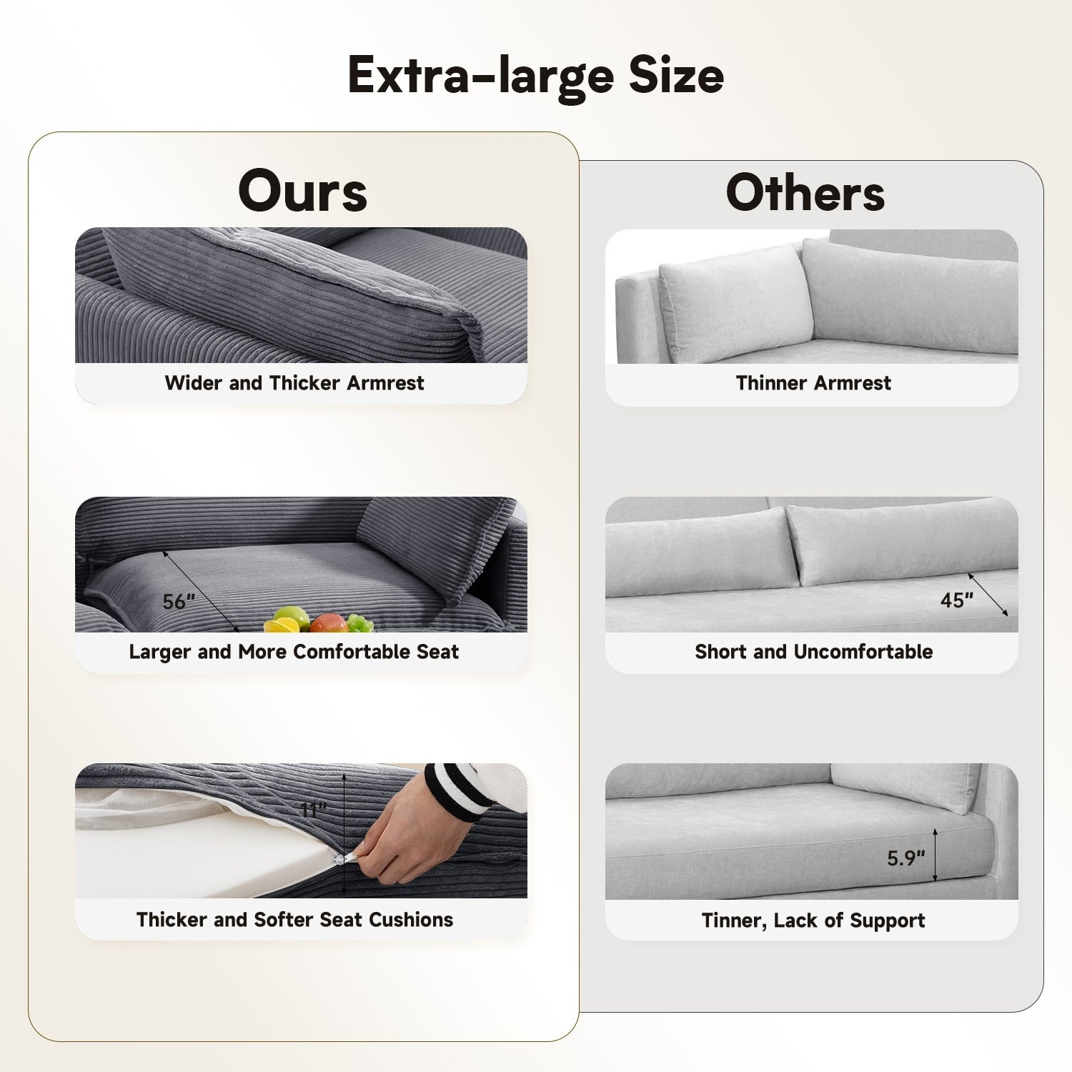 Ecksofa aus Cord mit abnehmbaren Hockern und ultraweichen Kissen für Wohn- und Schlafzimmer