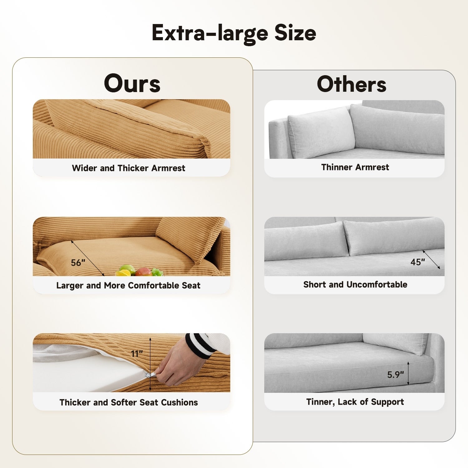 Ecksofa aus Cord mit abnehmbaren Hockern und ultraweichen Kissen für Wohn- und Schlafzimmer