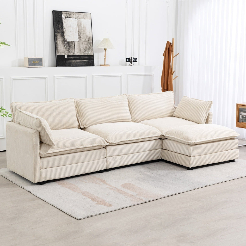 Ecksofa aus Cord mit abnehmbaren Hockern und ultraweichen Kissen für Wohn- und Schlafzimmer