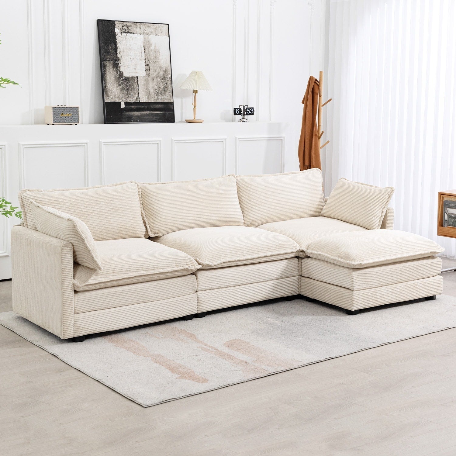 Ecksofa aus Cord mit abnehmbaren Hockern und ultraweichen Kissen für Wohn- und Schlafzimmer