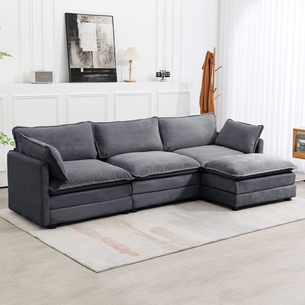 Ecksofa aus Cord mit abnehmbaren Hockern und ultraweichen Kissen für Wohn- und Schlafzimmer