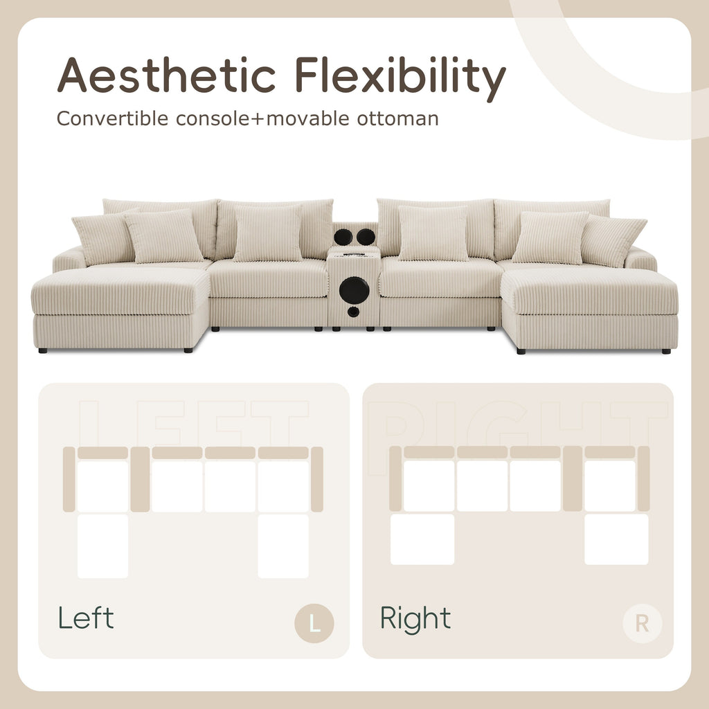 Ecksofa aus Cord mit Bluetooth-Lautsprechern, USB-Ladeanschluss, Getränkehaltern, Stauraum, Hocker und tiefer, breiter Sitzfläche