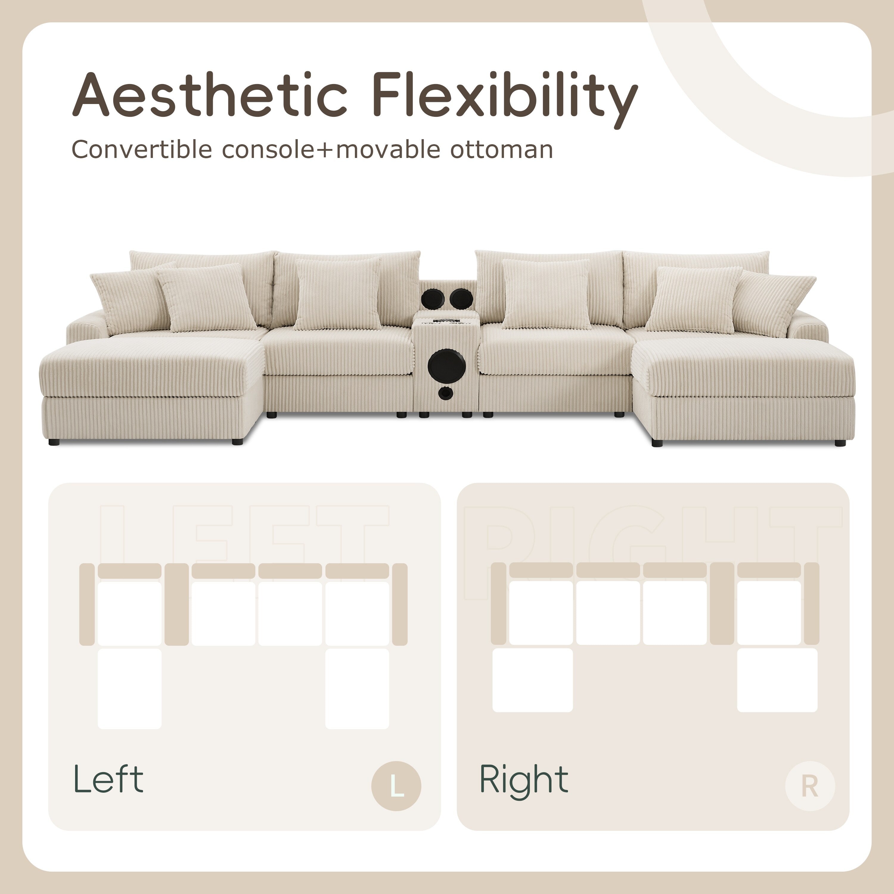 Ecksofa aus Cord mit Bluetooth-Lautsprechern, USB-Ladeanschluss, Getränkehaltern, Stauraum, Hocker und tiefer, breiter Sitzfläche
