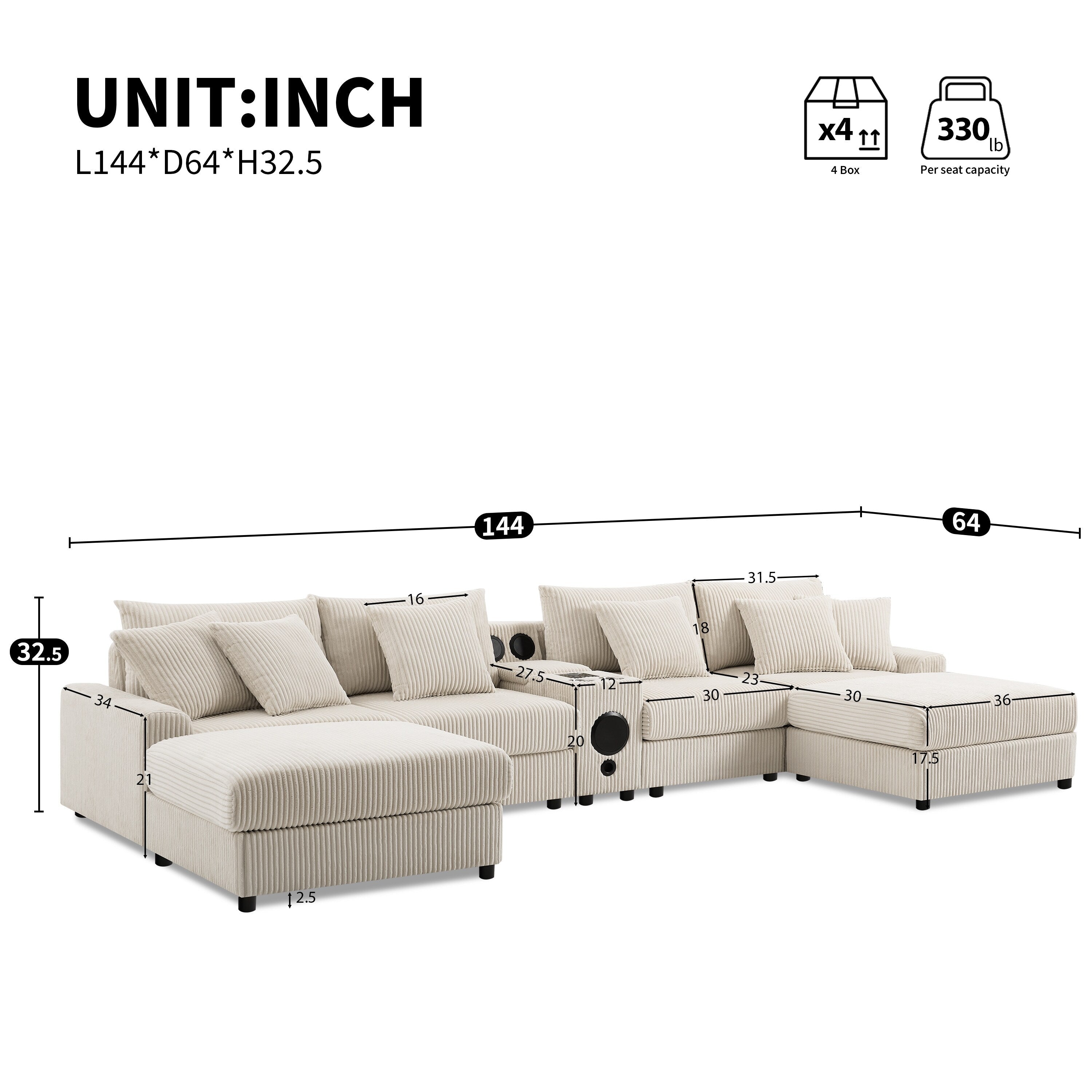 Ecksofa aus Cord mit Bluetooth-Lautsprechern, USB-Ladeanschluss, Getränkehaltern, Stauraum, Hocker und tiefer, breiter Sitzfläche