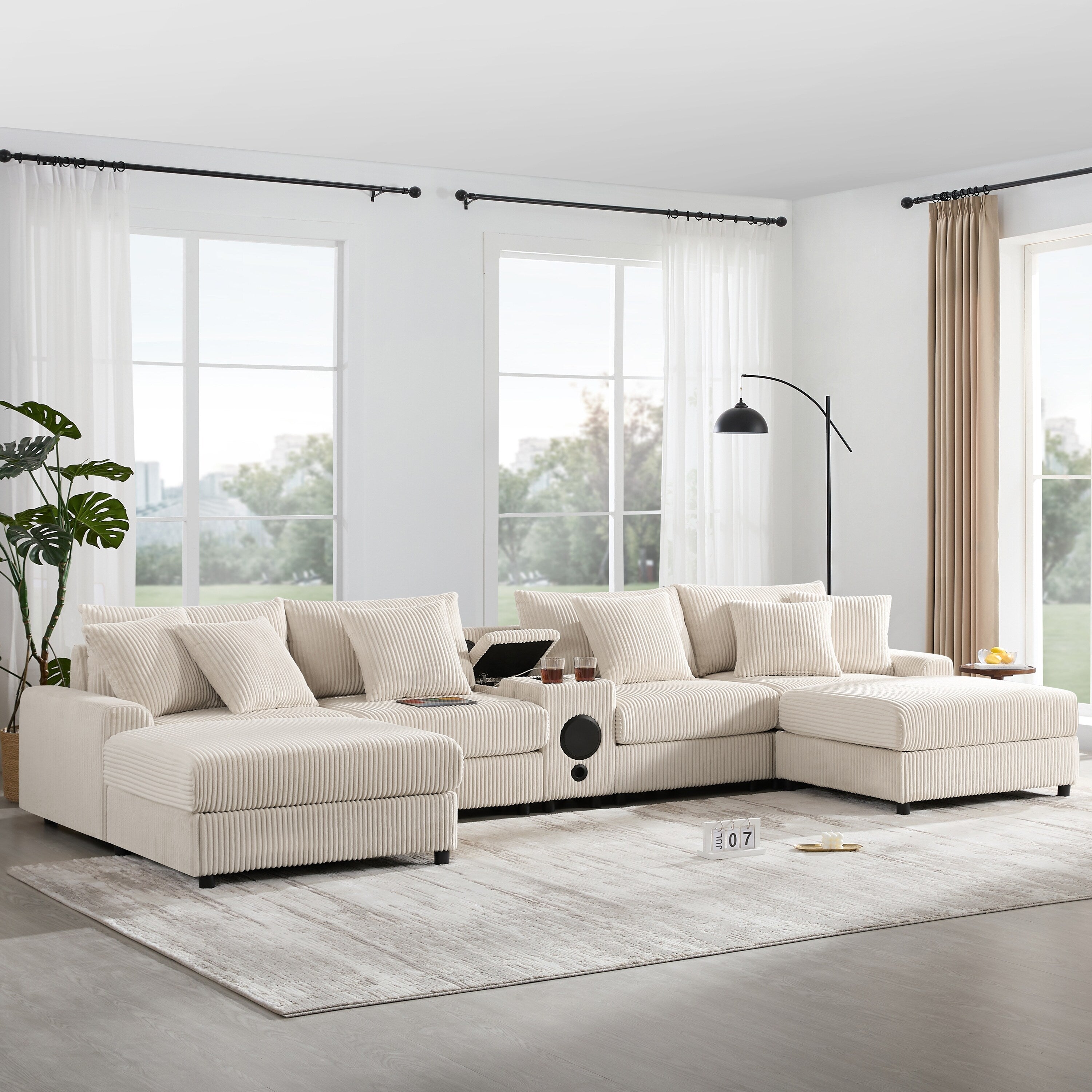 Ecksofa aus Cord mit Bluetooth-Lautsprechern, USB-Ladeanschluss, Getränkehaltern, Stauraum, Hocker und tiefer, breiter Sitzfläche