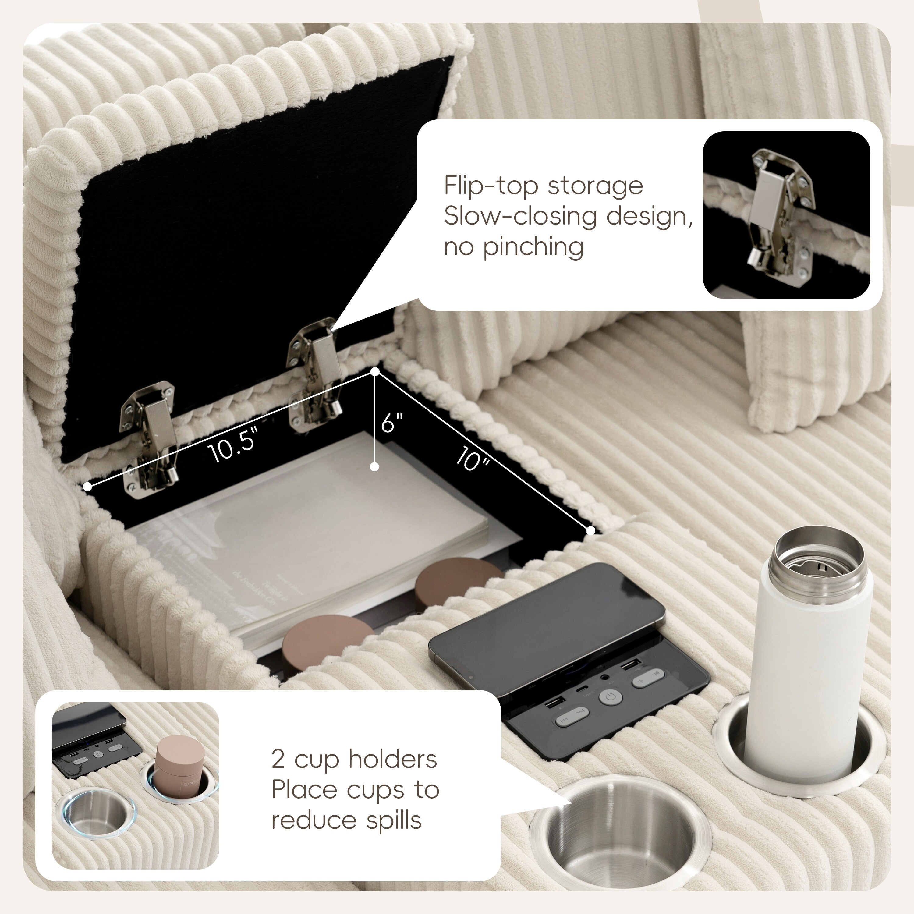 Ecksofa aus Cord mit Bluetooth-Lautsprechern, USB-Ladeanschluss, Getränkehaltern, Stauraum, Hocker und tiefer, breiter Sitzfläche