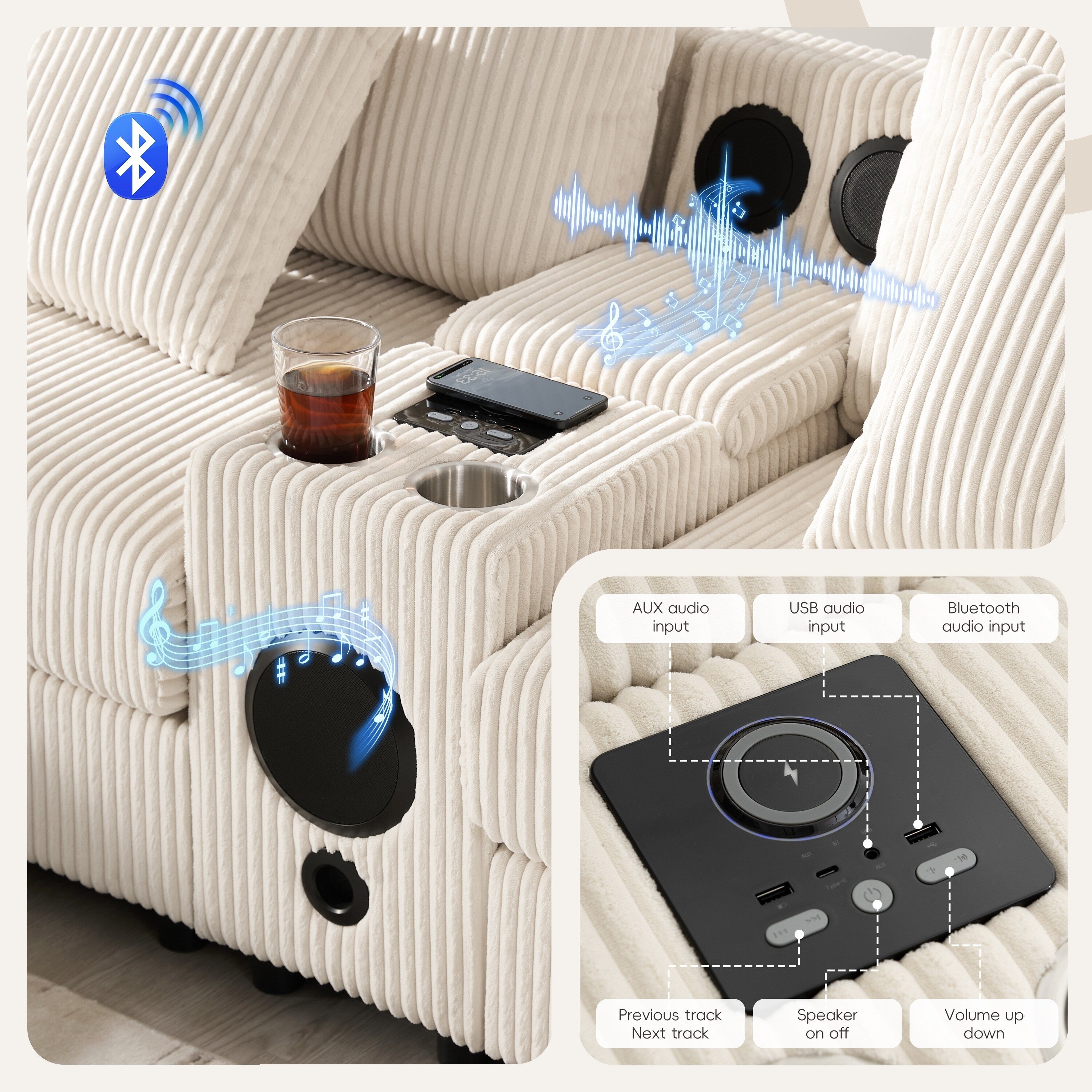 Ecksofa aus Cord mit Bluetooth-Lautsprechern, USB-Ladeanschluss, Getränkehaltern, Stauraum, Hocker und tiefer, breiter Sitzfläche