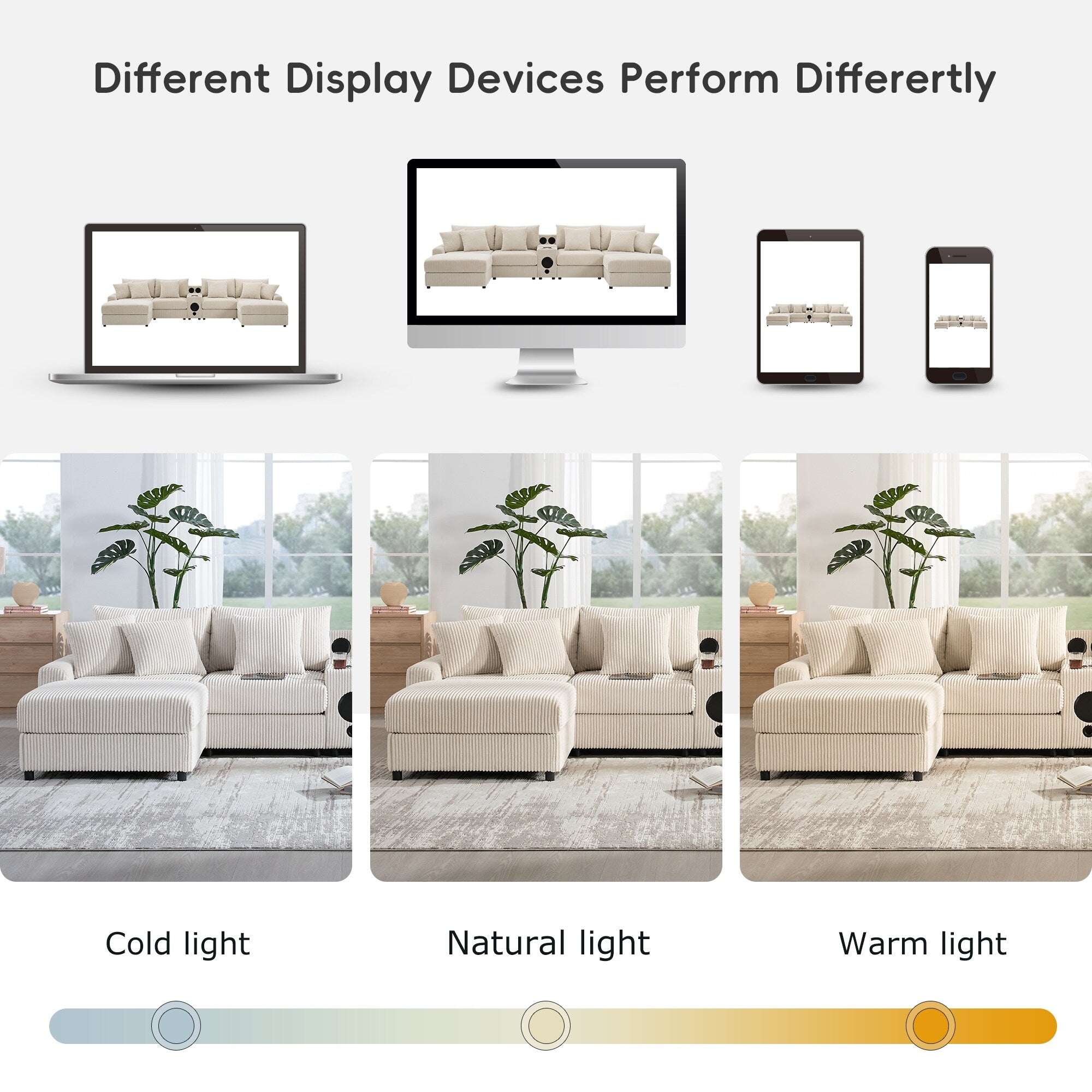 Ecksofa aus Cord mit Bluetooth-Lautsprechern, USB-Ladeanschluss, Getränkehaltern, Stauraum, Hocker und tiefer, breiter Sitzfläche