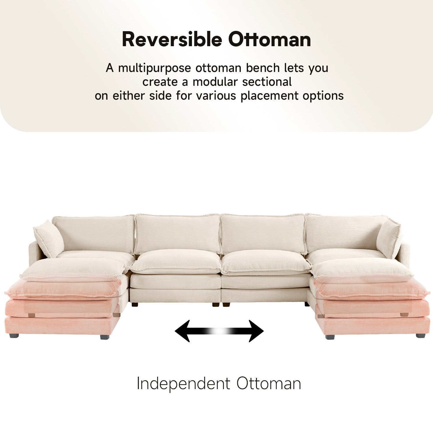 Ecksofa aus Cord mit abnehmbaren Hockern und ultraweichen Kissen für Wohn- und Schlafzimmer