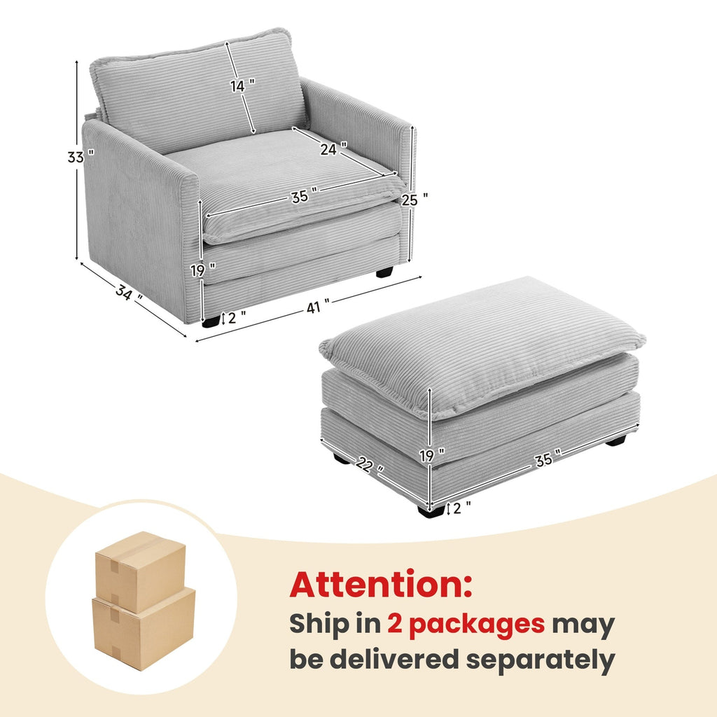 Ecksofa aus Cord mit abnehmbaren Hockern und ultraweichen Kissen für Wohn- und Schlafzimmer