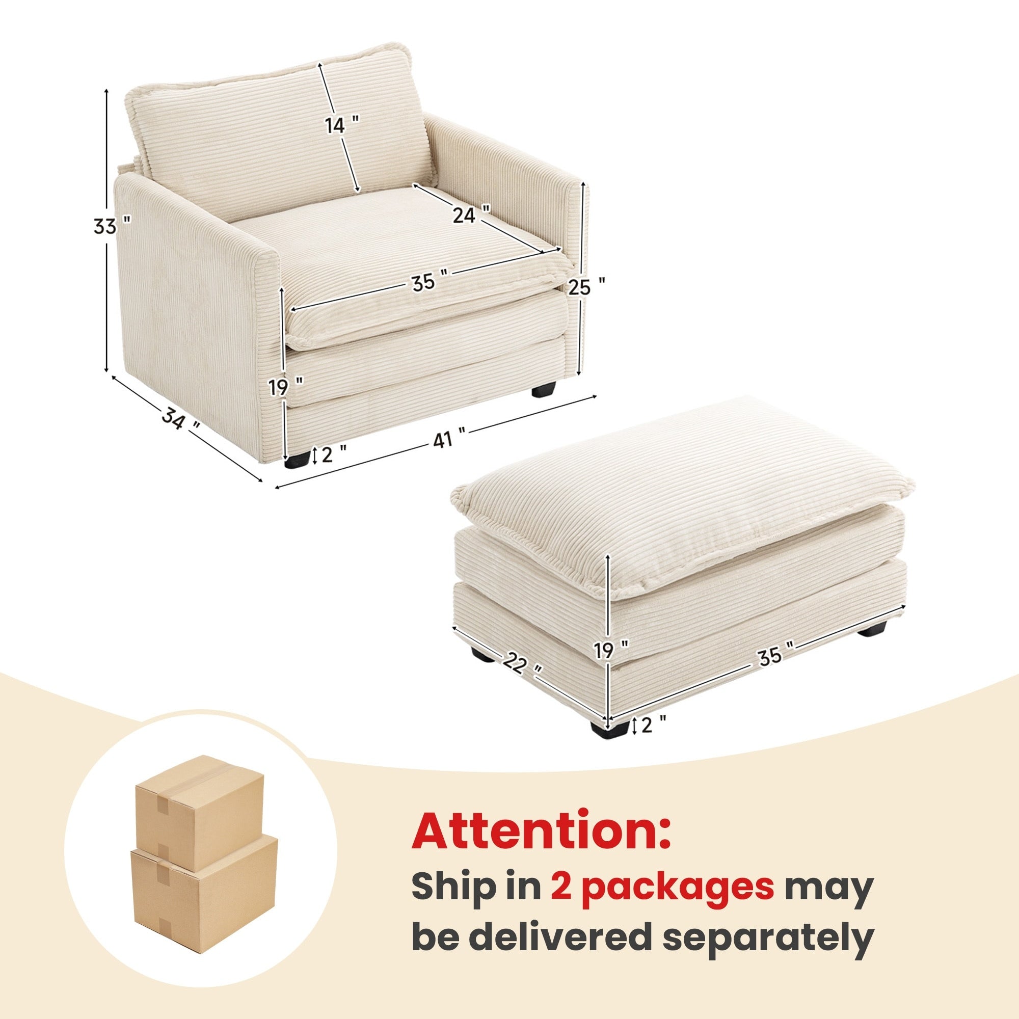 Ecksofa aus Cord mit abnehmbaren Hockern und ultraweichen Kissen für Wohn- und Schlafzimmer