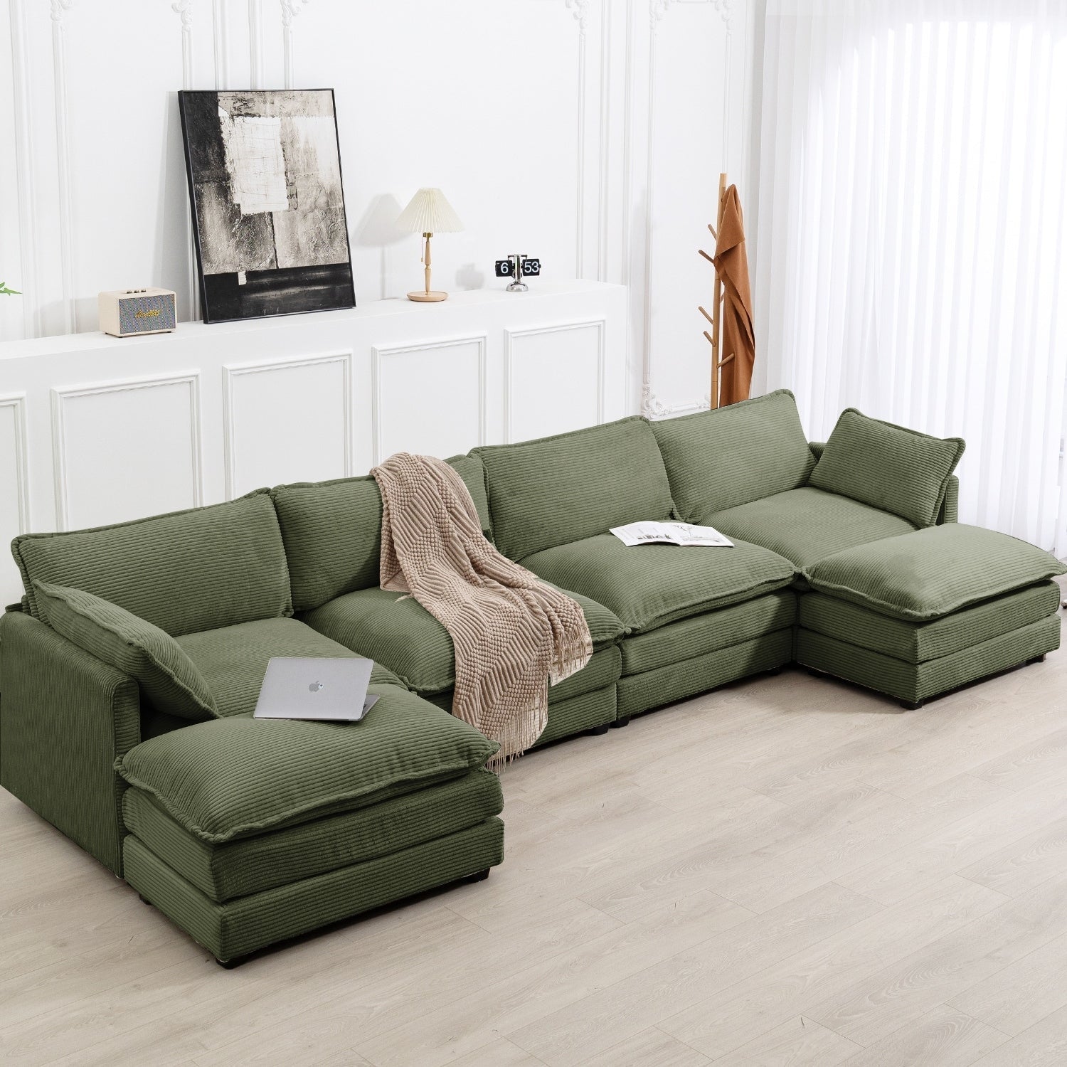 Ecksofa aus Cord mit abnehmbaren Hockern und ultraweichen Kissen für Wohn- und Schlafzimmer