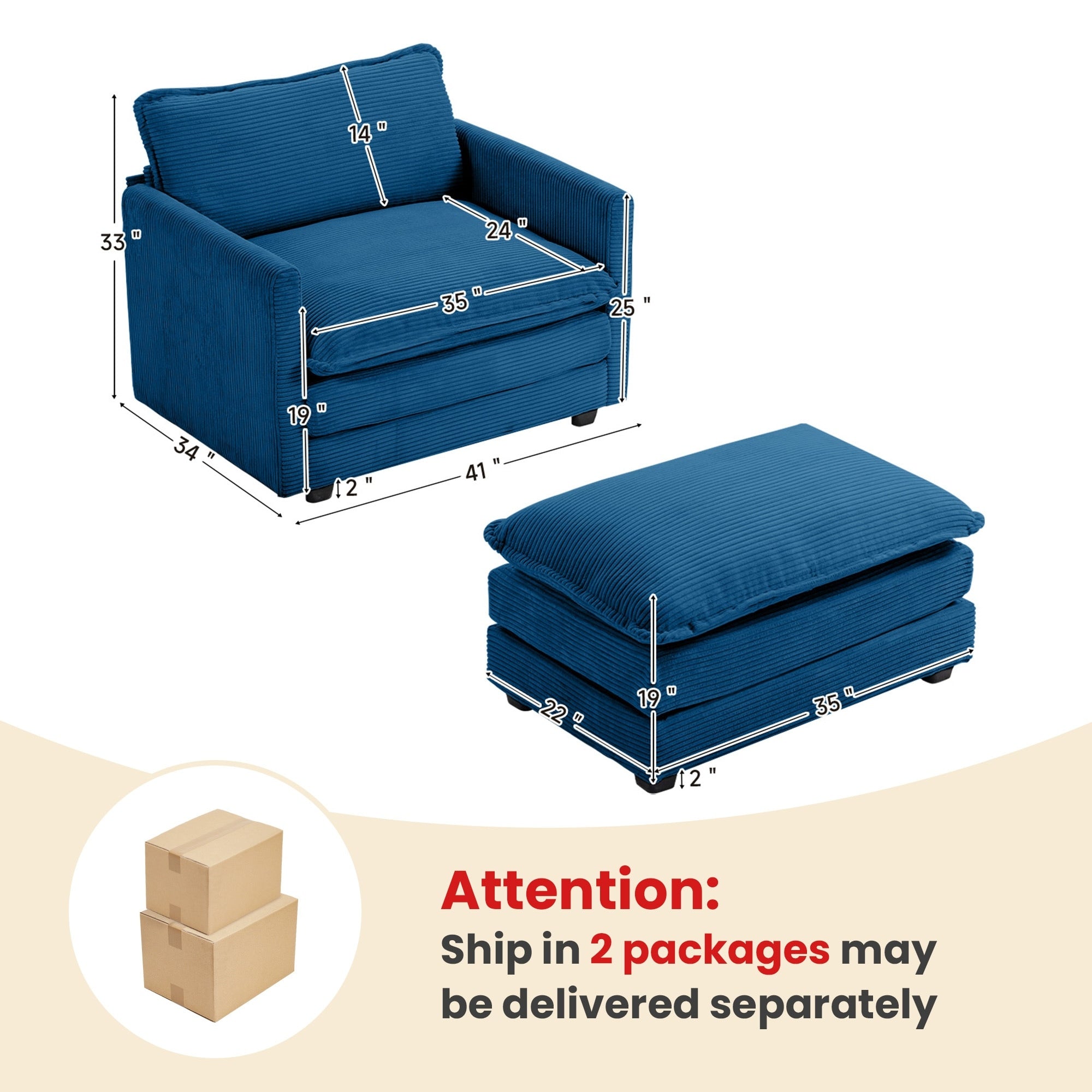 Ecksofa aus Cord mit abnehmbaren Hockern und ultraweichen Kissen für Wohn- und Schlafzimmer