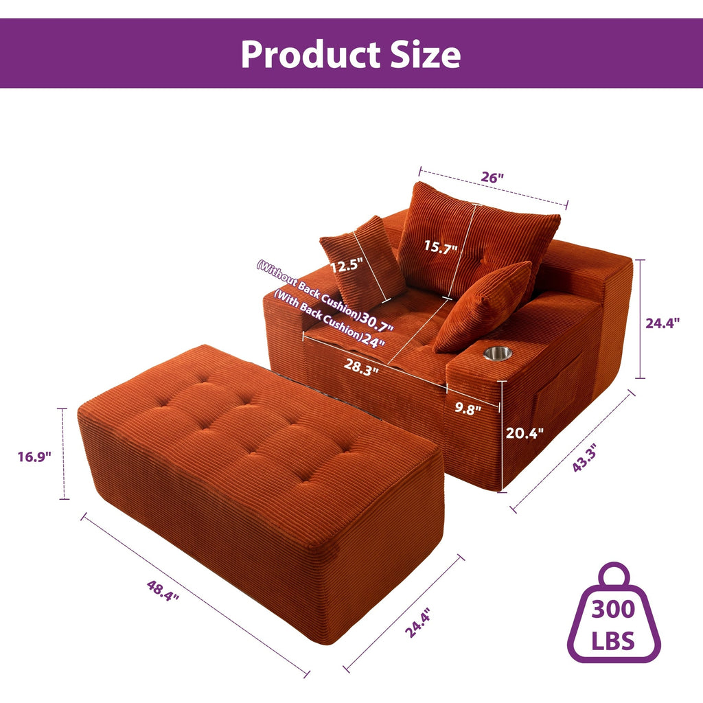 Sofa mit Cordbezug und Memory-Schaum-Sofa mit passendem Hocker und Sitzsack – 48,4 cm L x 67,7 cm B x 24,4 cm H