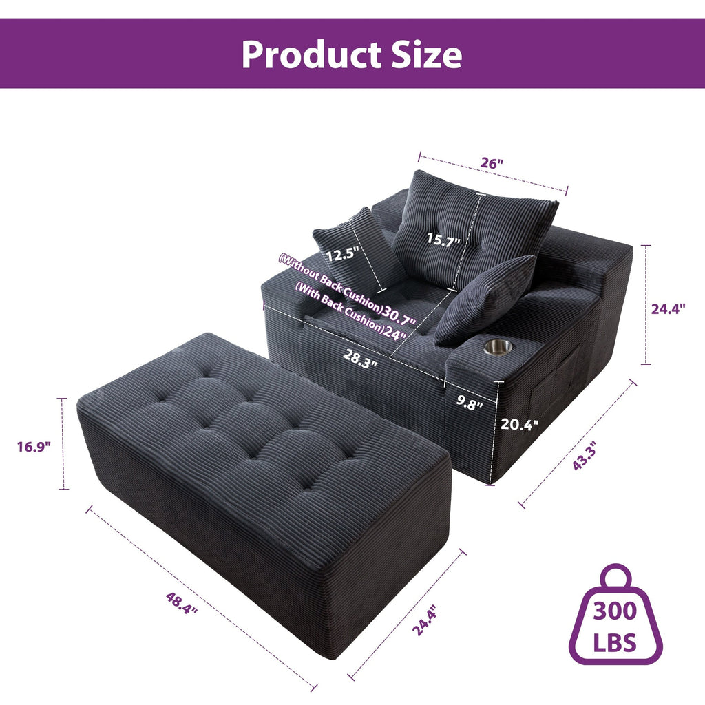 Sofa mit Cordbezug und Memory-Schaum-Sofa mit passendem Hocker und Sitzsack – 48,4 cm L x 67,7 cm B x 24,4 cm H