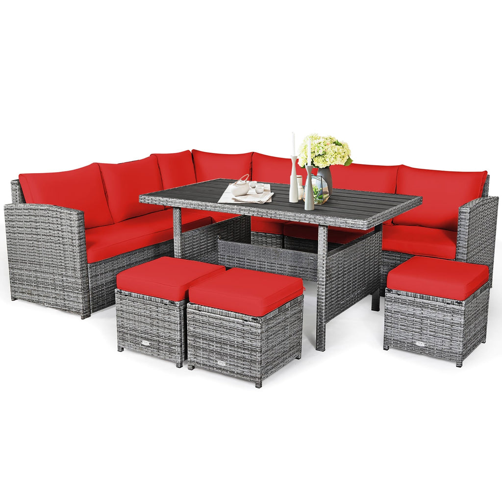 Costway 7-teiliges Gartenmöbel-Set aus Rattan mit Essbereich, Sofa, Couch und Hocker – Details ansehen