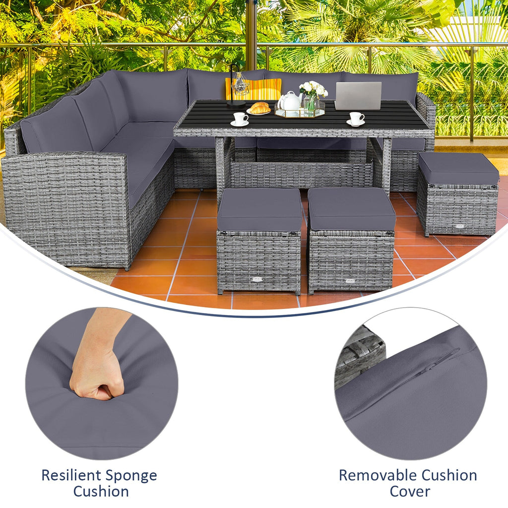 Costway 7-teiliges Gartenmöbel-Set aus Rattan mit Essbereich, Sofa, Couch und Hocker – Details ansehen