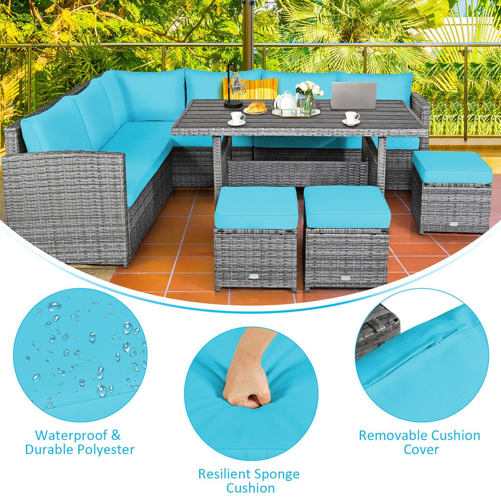 Costway 7-teiliges Gartenmöbel-Set aus Rattan mit Essbereich, Sofa, Couch und Hocker – Details ansehen