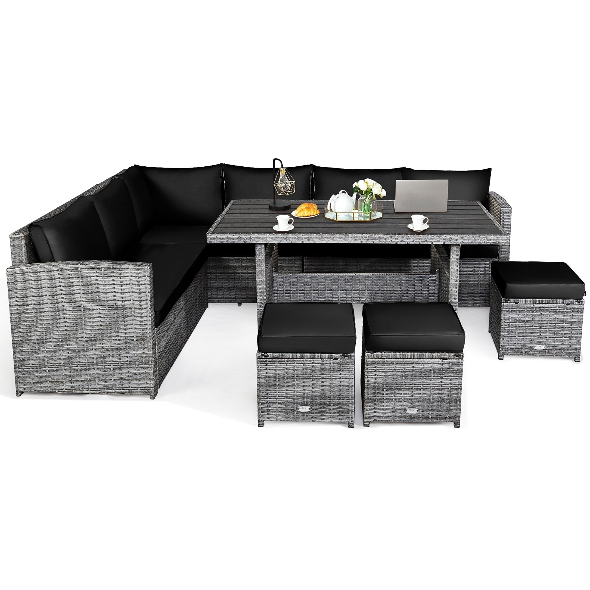 Costway 7-teiliges Gartenmöbel-Set aus Rattan mit Essbereich, Sofa, Couch und Hocker – Details ansehen