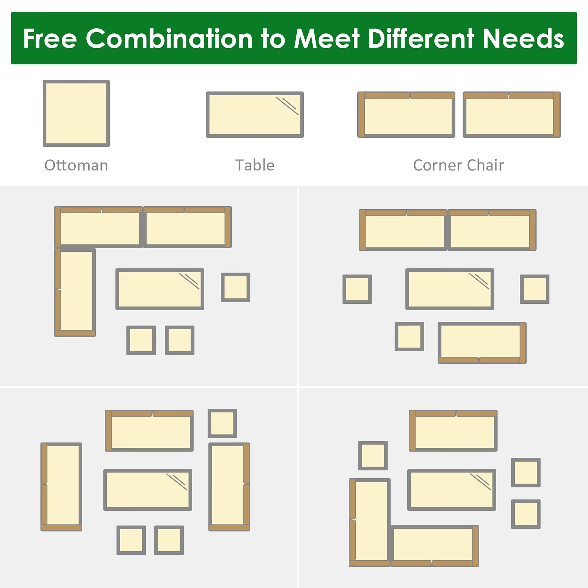 Costway 7-teiliges Gartenmöbel-Set aus Rattan mit Essbereich, Sofa, Couch und Hocker – Details ansehen