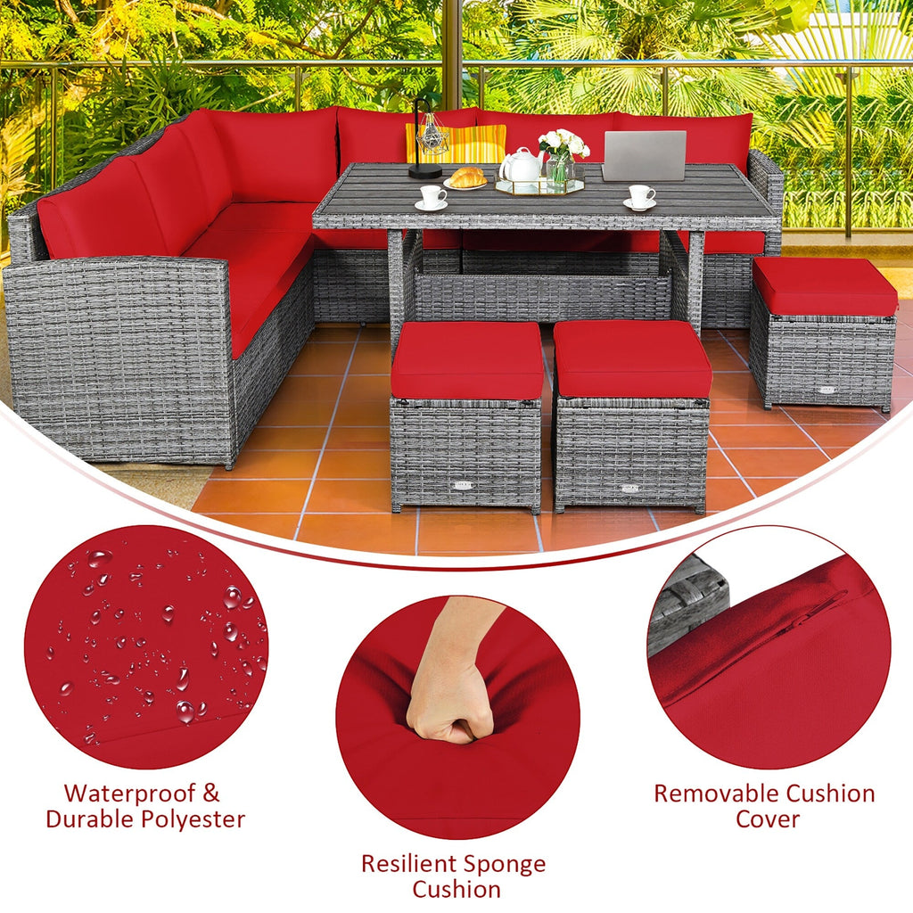Costway 7-teiliges Gartenmöbel-Set aus Rattan mit Essbereich, Sofa, Couch und Hocker – Details ansehen