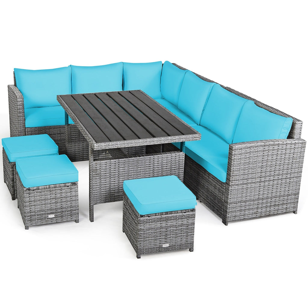 Costway 7-teiliges Gartenmöbel-Set aus Rattan mit Essbereich, Sofa, Couch und Hocker – Details ansehen
