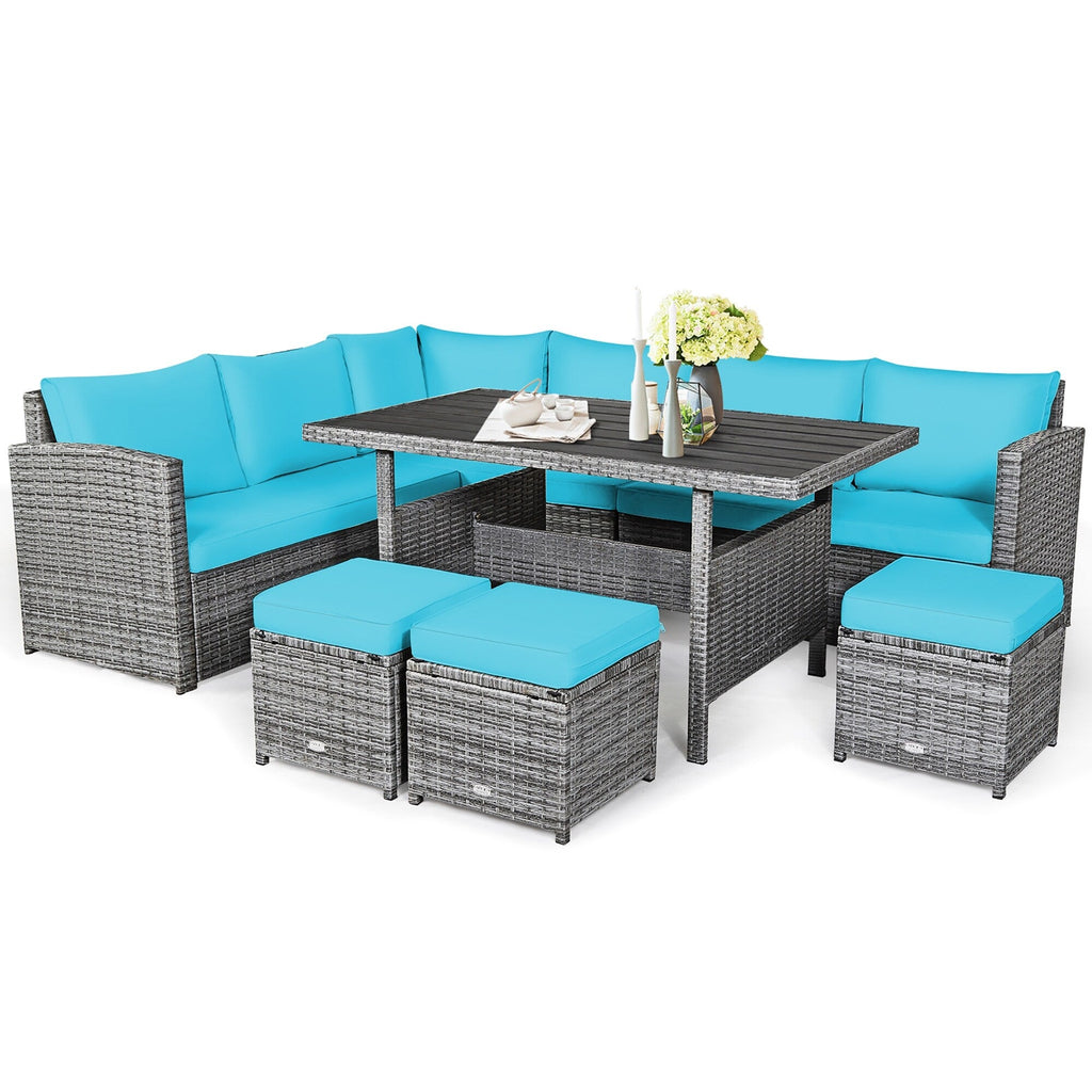 Costway 7-teiliges Gartenmöbel-Set aus Rattan mit Essbereich, Sofa, Couch und Hocker – Details ansehen