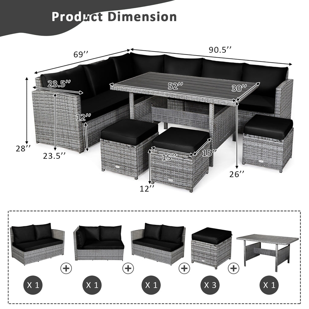 Costway 7-teiliges Gartenmöbel-Set aus Rattan mit Essbereich, Sofa, Couch und Hocker – Details ansehen
