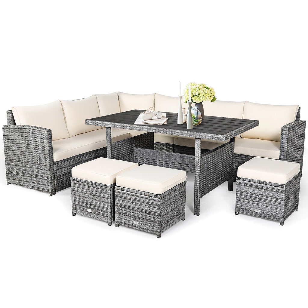 Costway 7-teiliges Gartenmöbel-Set aus Rattan mit Essbereich, Sofa, Couch und Hocker – Details ansehen