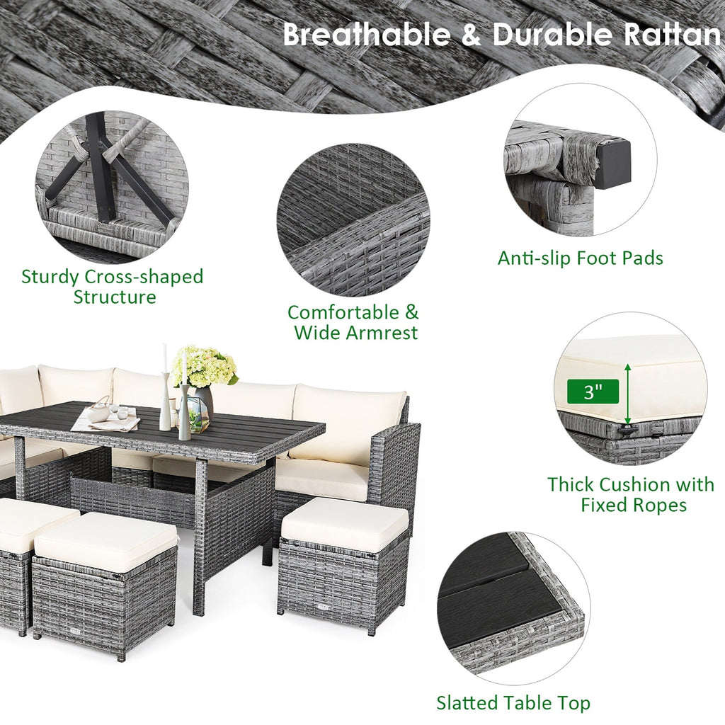 Costway 7-teiliges Gartenmöbel-Set aus Rattan mit Essbereich, Sofa, Couch und Hocker – Details ansehen