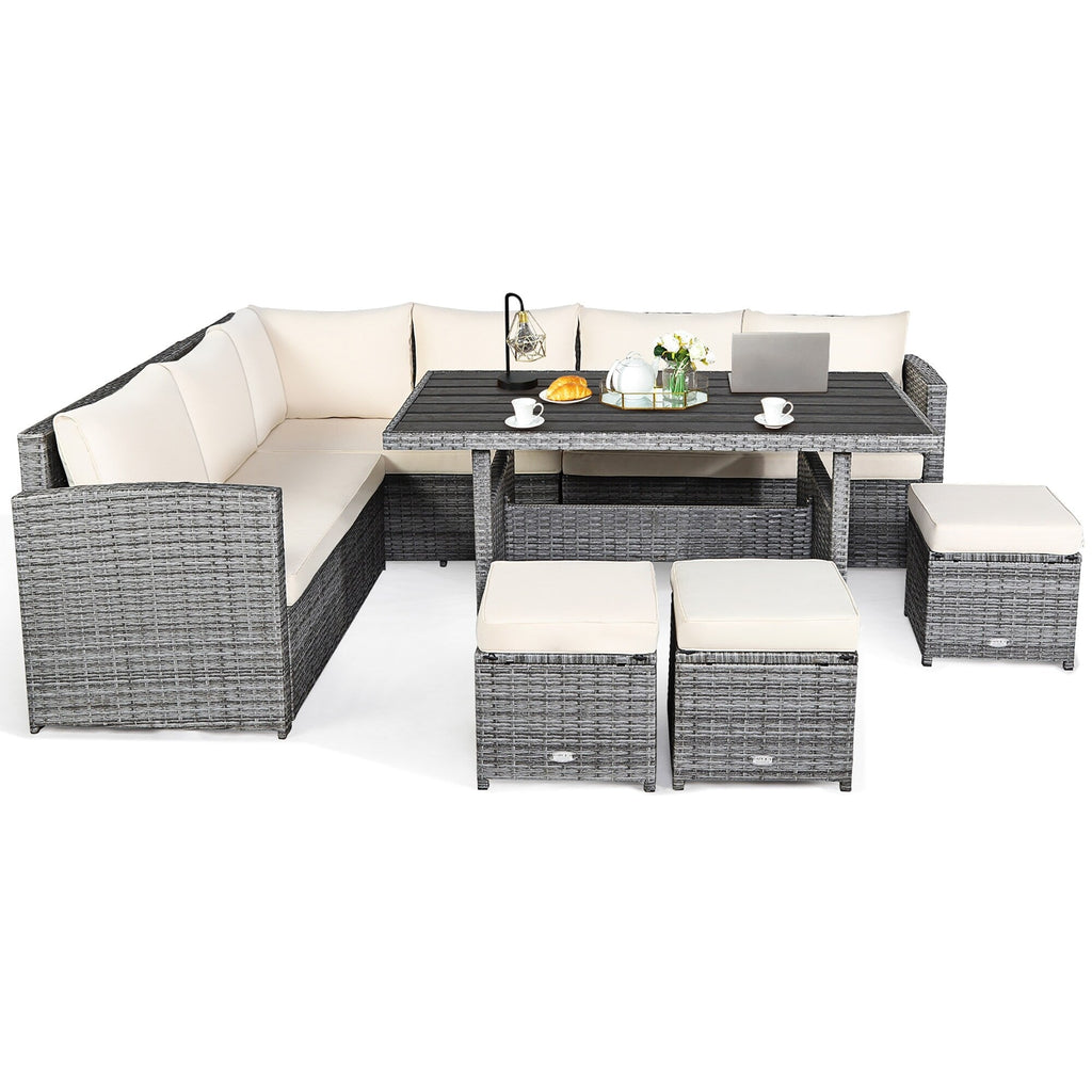Costway 7-teiliges Gartenmöbel-Set aus Rattan mit Essbereich, Sofa, Couch und Hocker – Details ansehen