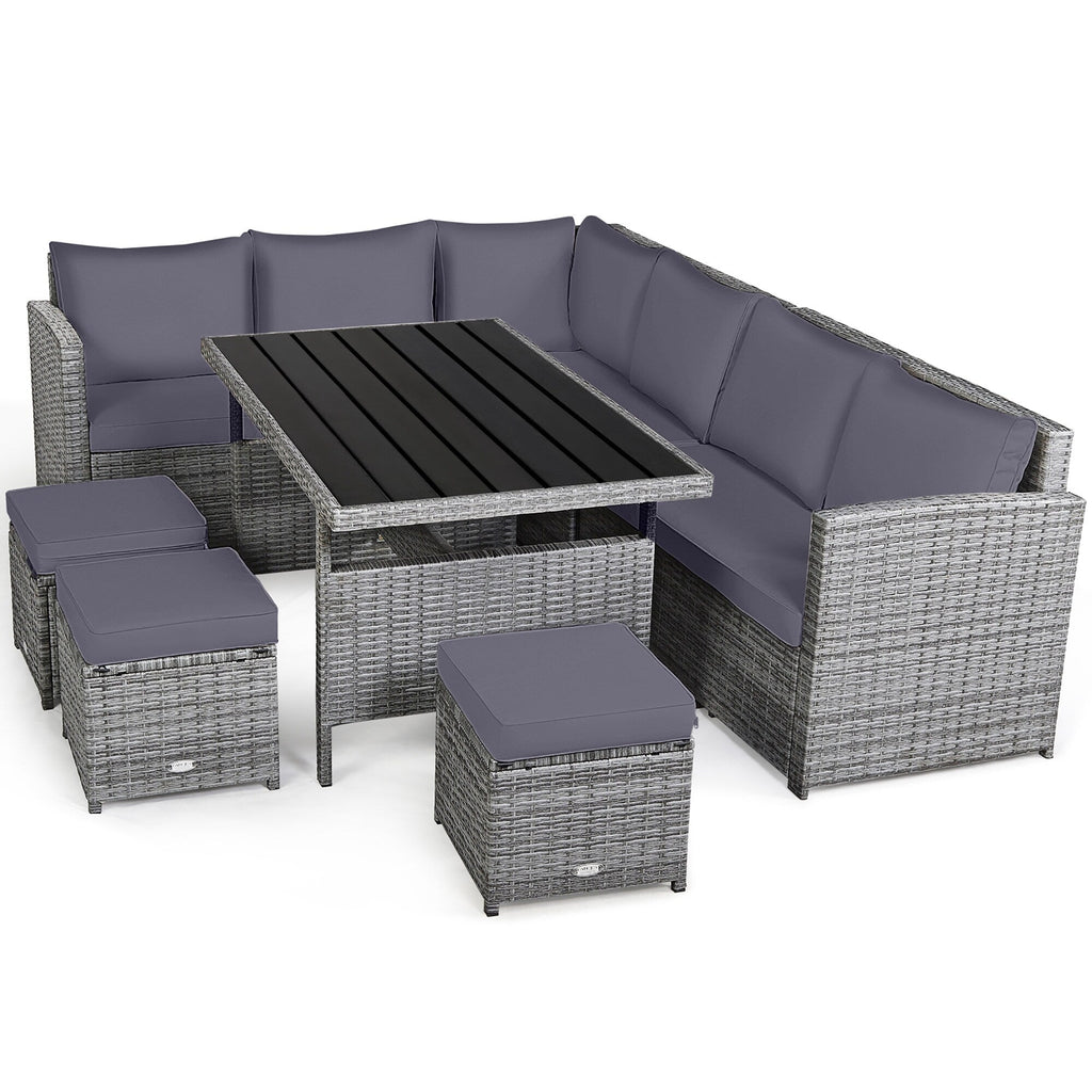 Costway 7-teiliges Gartenmöbel-Set aus Rattan mit Essbereich, Sofa, Couch und Hocker – Details ansehen